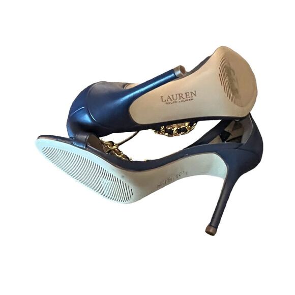 Lauren Ralph Lauren Kate T-Strap Chain Leather Dress Sandals Navy  NEW Size 6 - Picture 7 of 8